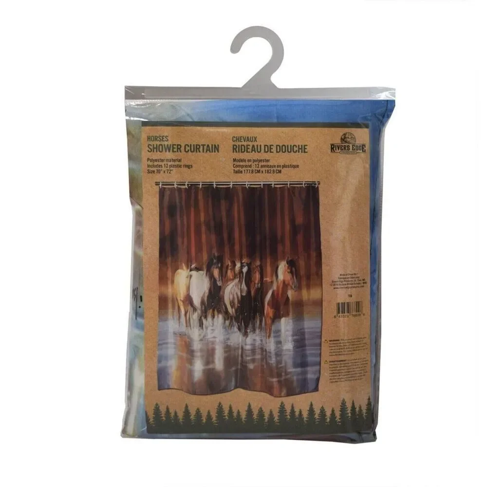 Rivers Edge Rush Hour Fabric Shower Curtain Horse Crossing Creek Brown Hooks NEW